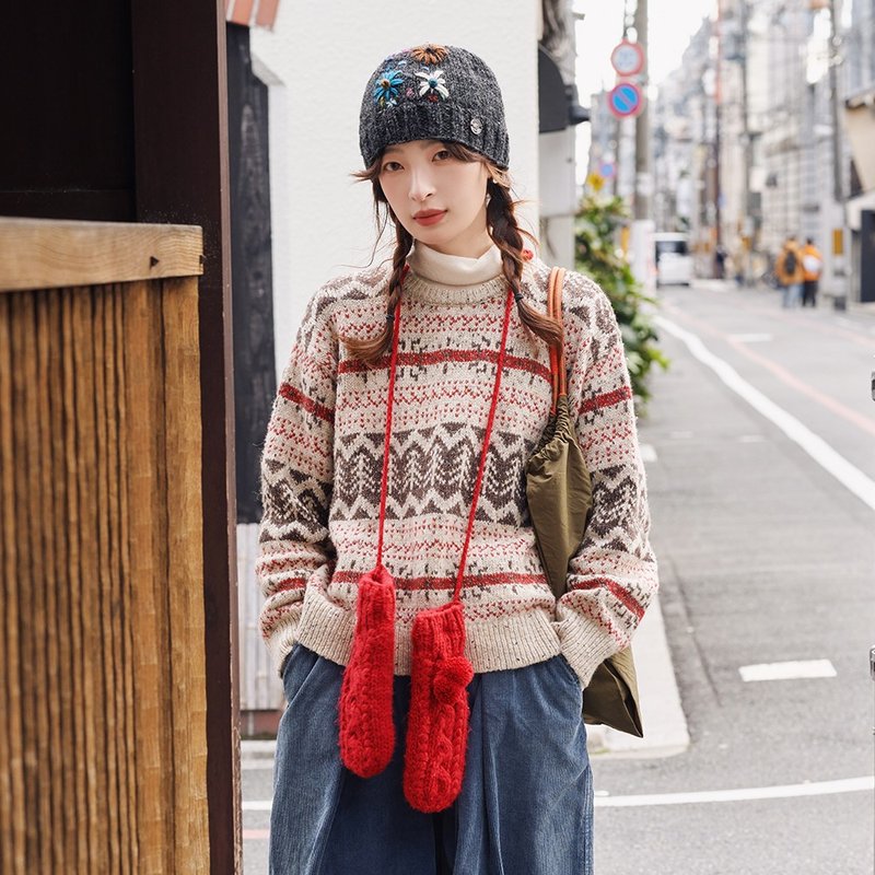 Round neck Fair Isle jacquard sweater|Knitted sweater|Winter style|Sora-1738 - สเวตเตอร์ผู้หญิง - ขนแกะ หลากหลายสี