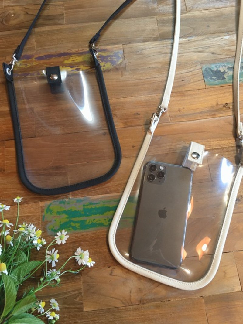 PVC素材と倉敷帆布　スマホポシェット　ショルダーバッグ　推し活　クリア×ブラック　クリア×ベージュ - 側背包/斜背包 - 棉．麻 