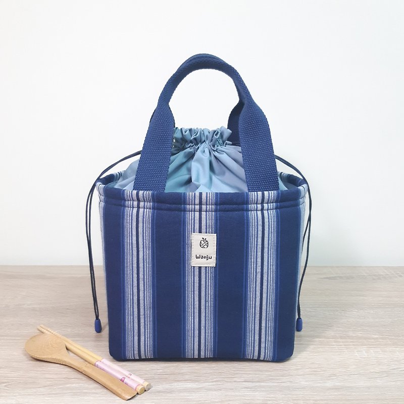 Insulation lunch bag/ Binding handle bag/ lunch bag/ carry-on bag/ Japanese stripe - กระเป๋าถือ - ผ้าฝ้าย/ผ้าลินิน สีน้ำเงิน