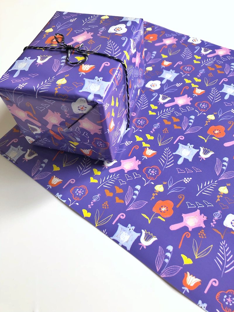 Flying squirrels and poppies flowers and plants wrapping paper set of 5 sheets - Wood, Bamboo & Paper - Paper Purple