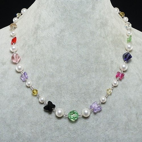 AGATIX Swarovski Crystal Necklace White Pearl Multicolor Butterfly Necklace Jewelry