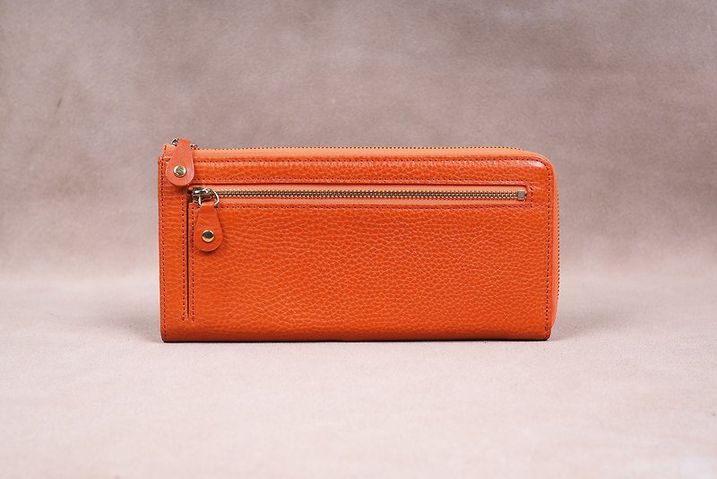 Italian Vegetable Genuine Leather Lady Long Wallet Zipper Wallet Purs Orang - 長短皮夾/錢包 - 真皮 橘色