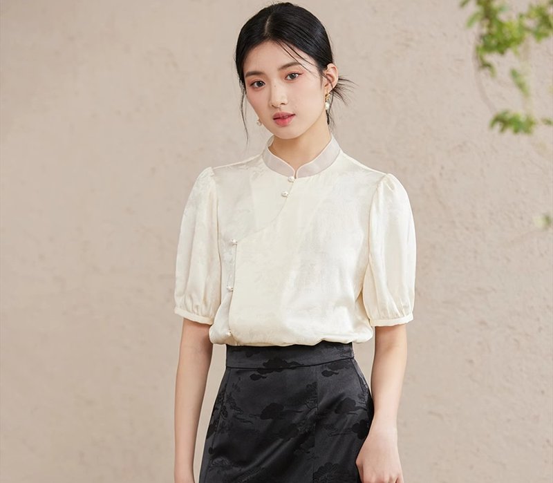 新中式復古中國風 提花杏色立領 襯衫/半裙 - 女襯衫 - 絲．絹 白色