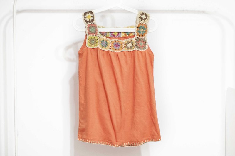 Crocheted vest / stitching vest top / hand-embroidered vest / ethnic tops - Nordic rainbow flowers - เสื้อกั๊กผู้หญิง - ผ้าฝ้าย/ผ้าลินิน สีส้ม