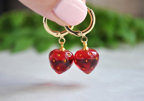 Toutberry Mini strawberry earrings Miniature fruit jewelry Hoop earrings Gift for her