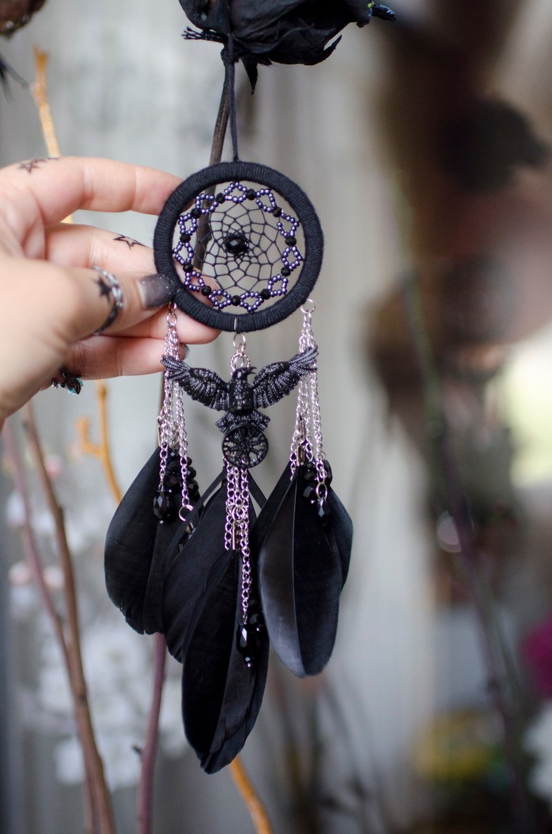 Black Raven Dream Catcher Gothic Car Charm | Vegvisir Runic Compass Amulet - 壁貼/牆壁裝飾 - 繡線 黑色