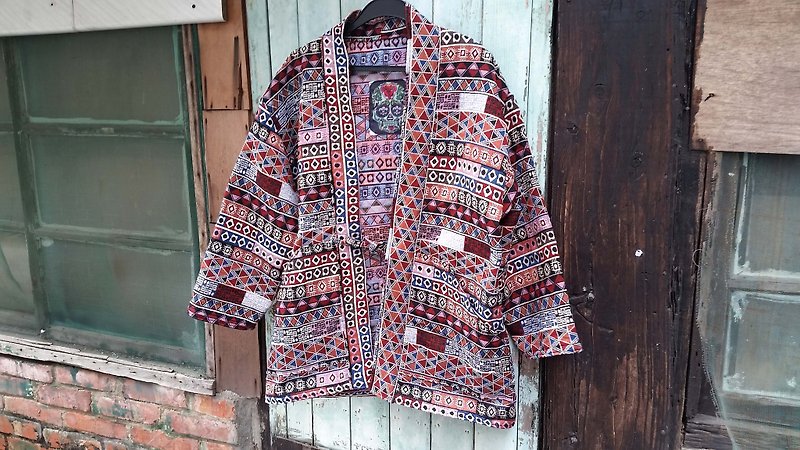AMIN'S SHINY WORLD handmade custom KIMONO crude geometric jacquard national totem full version smock coat jacket 4.0 - Men's Coats & Jackets - Cotton & Hemp Multicolor