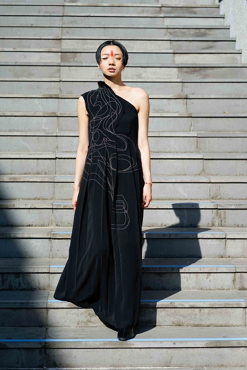 Single Shoulder Dress - ชุดราตรี - เส้นใยสังเคราะห์ สีดำ