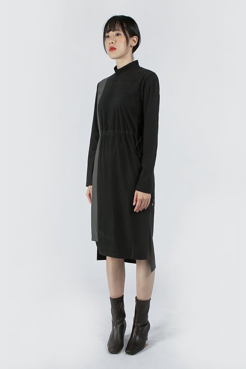 Asymmetric small turtleneck one-piece dress-black and gray - ชุดเดรส - เส้นใยสังเคราะห์ สีดำ