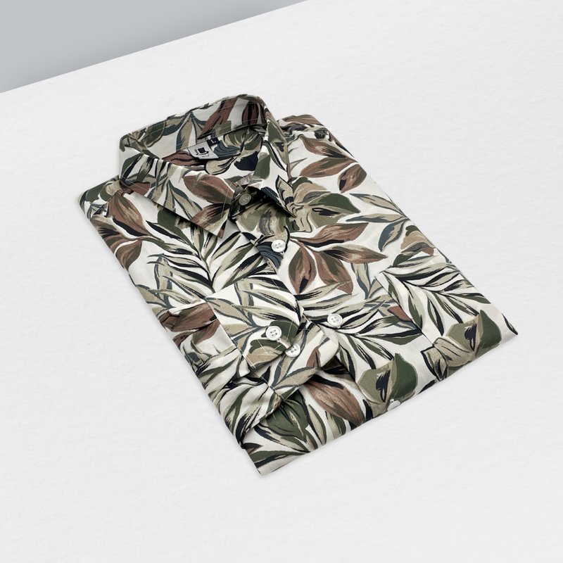 棕綠大葉襯衫 - 男襯衫/休閒襯衫 - 棉．麻 卡其色
