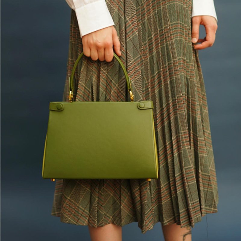 軍綠色 2色平紋夾子包 手提肩背兩用 極簡通勤女款公文包容量方包 - 側背包/斜孭袋 - 真皮 綠色