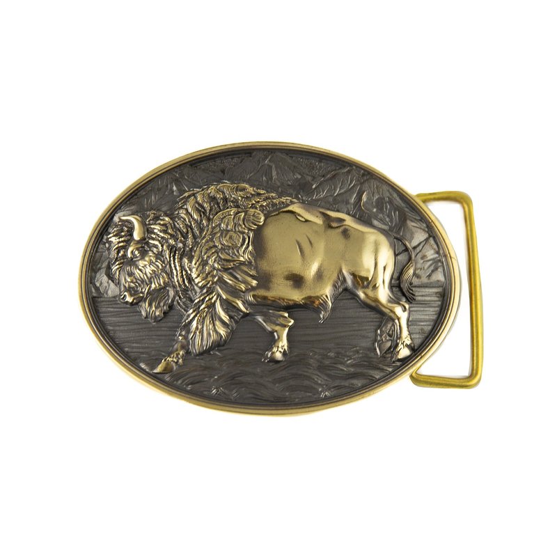American Buffalo, Bison brass belt buckle, Wild West heritage bison cowboy belt - 皮帶/腰帶 - 其他材質 金色