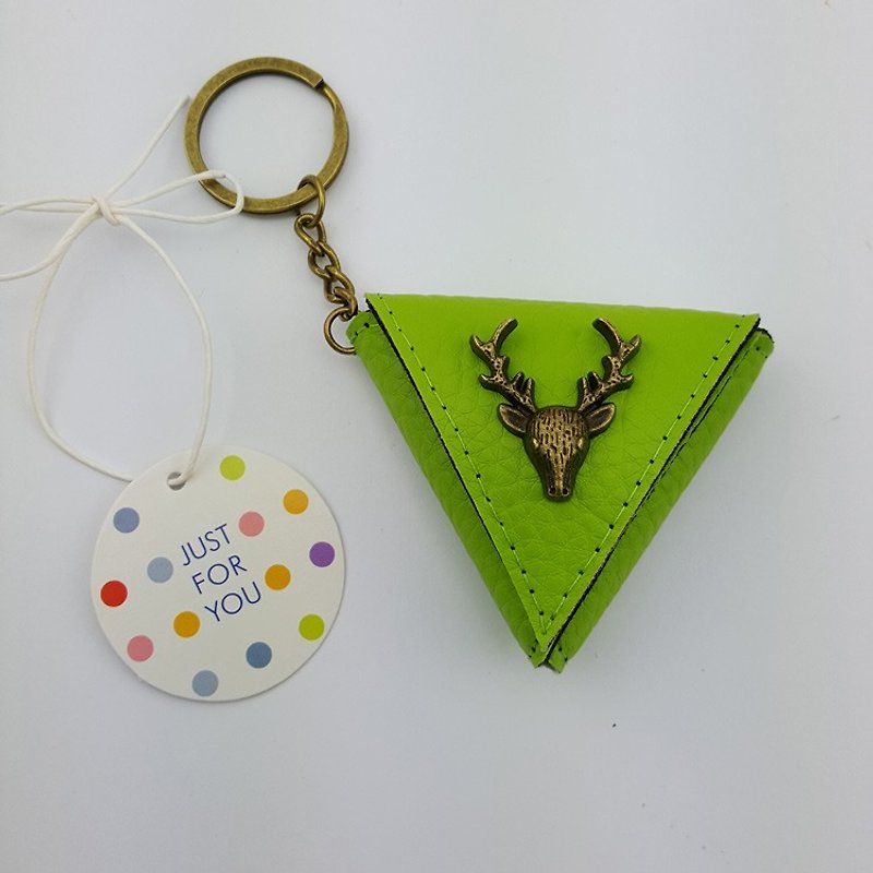 Deer head triangle coin purse bag, guitar pick bag, key chain bag, small gift, printable name - กระเป๋าใส่เหรียญ - หนังแท้ สีเขียว