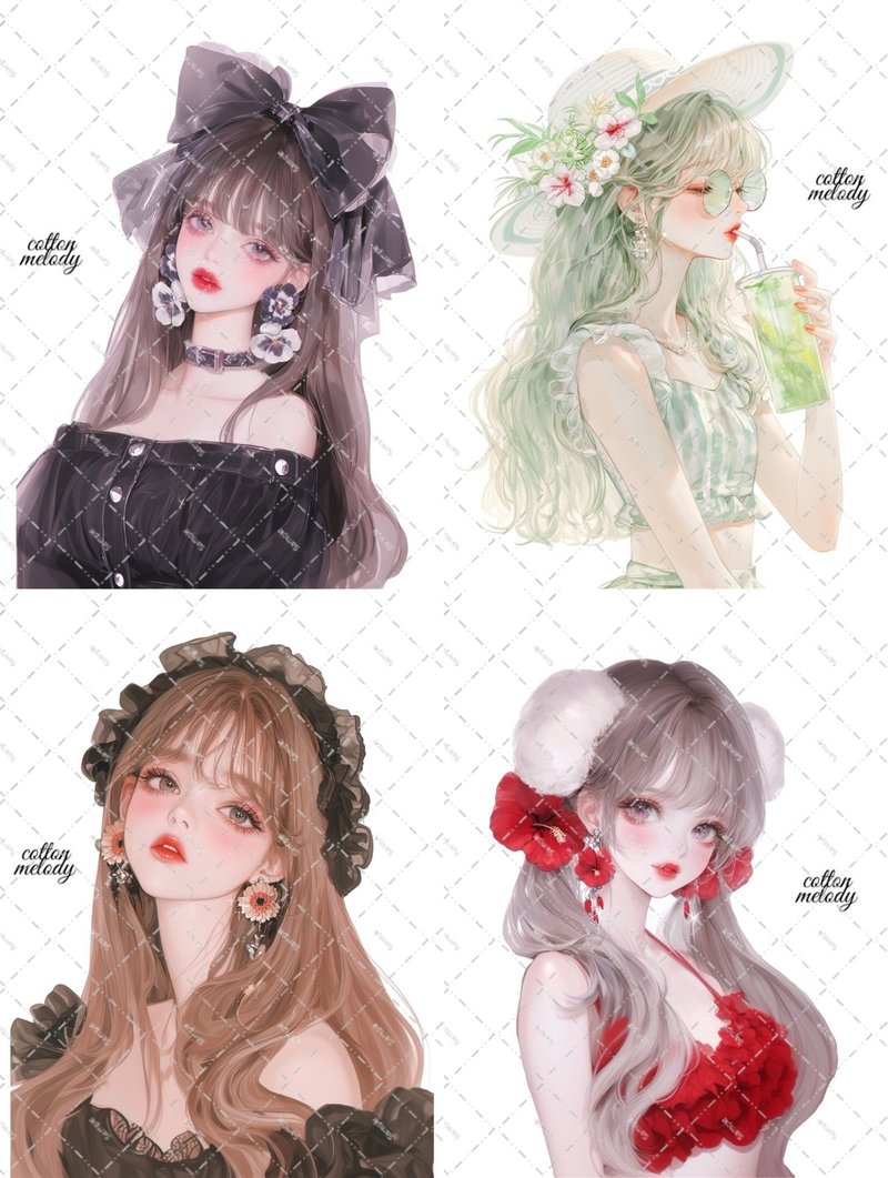 【新作】cotton melody / elegant flower / compact set / 20種類各3枚 / 人物ステッカー オリジナルステッカー - 貼紙 - 紙 
