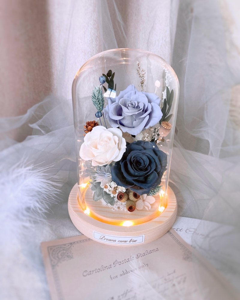 Preserved flower glass cup - Elegant fog gray blue l Japanese rose dried flower glass cover Preserved flower glass cover - Dried Flowers & Bouquets - Plants & Flowers Blue