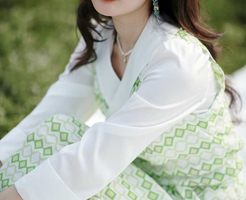 夜明けの新しい中国風のレトロなチベットの小さな新鮮な文学ドレス - ワンピース - シルク・絹 グリーン