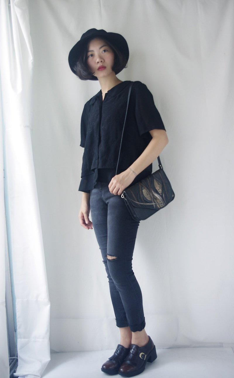 4.5studio - treasure hunt - double black embroidery chiffon shirt - Women's Shirts - Polyester Black