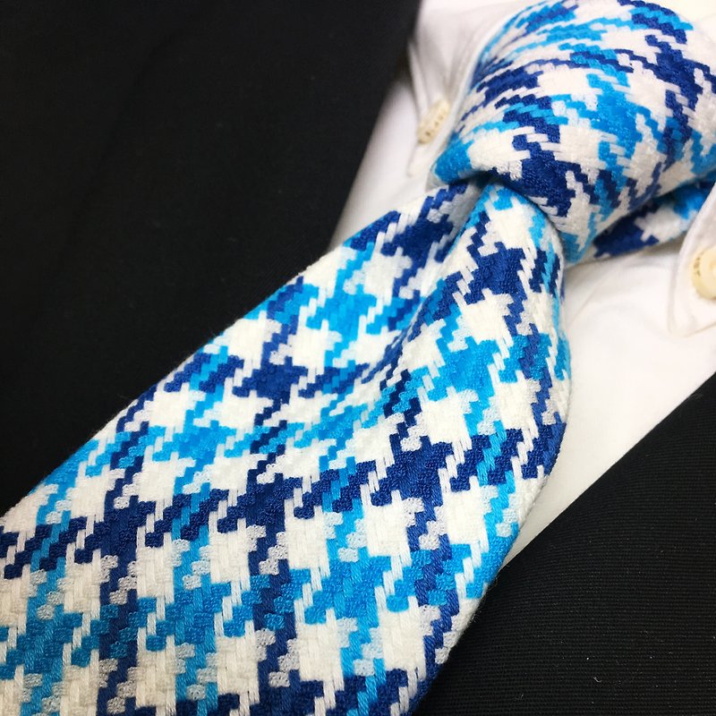 digital houndstooth checked tie necktie Blue - 領呔/呔夾 - 棉．麻 藍色