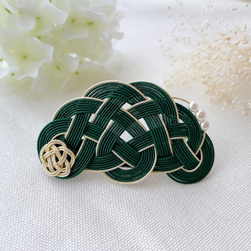 Mizuhiki, barrette, Japanese-style hair accessory suitable for kimono and yukata, traditional Japanese [gift] dark green - Hair Accessories - Silk Green