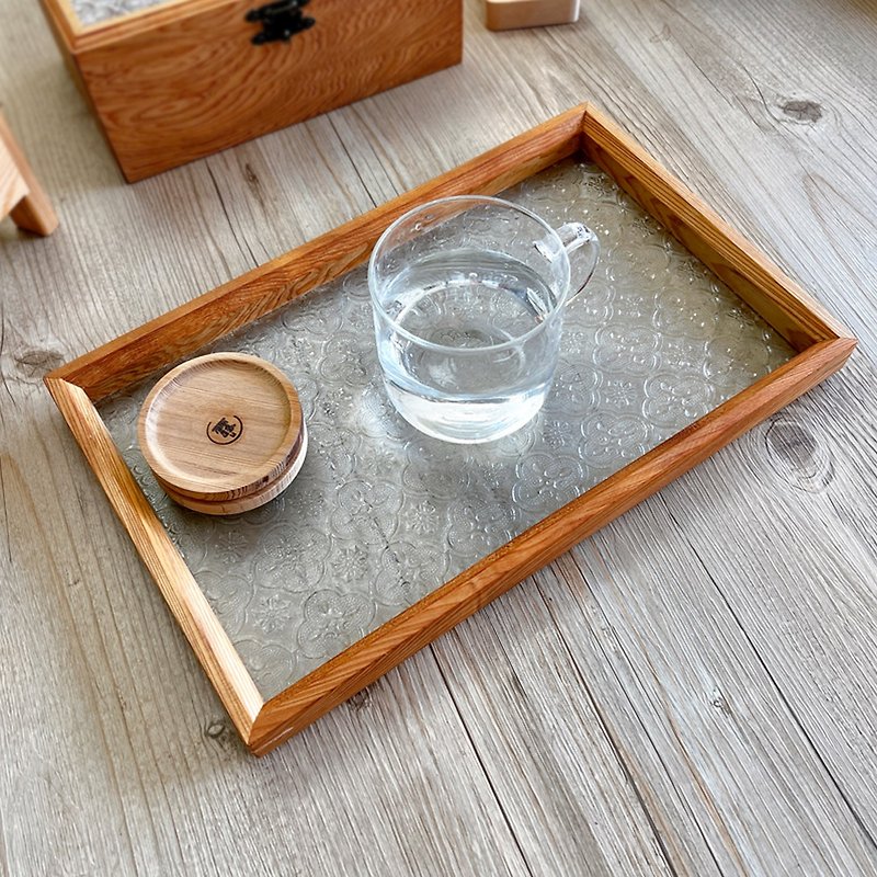 LINKIFE Wooden Series Classic Begonia Window Stained Glass Taiwan Cypress Wooden Tray - ถาดเสิร์ฟ - ไม้ สีกากี