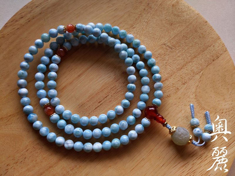 ORLI Jewelry 天然拉利瑪108顆念珠 拉利瑪海紋石 和闐玉牡丹花珠 - 項鍊 - 寶石 藍色