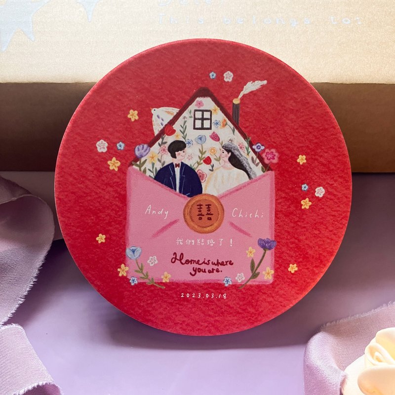 [Customized] Water-absorbent ceramic coasters-red happy house wedding souvenirs with cute illustrations for wedding ceremony - ของวางตกแต่ง - ดินเผา สีแดง