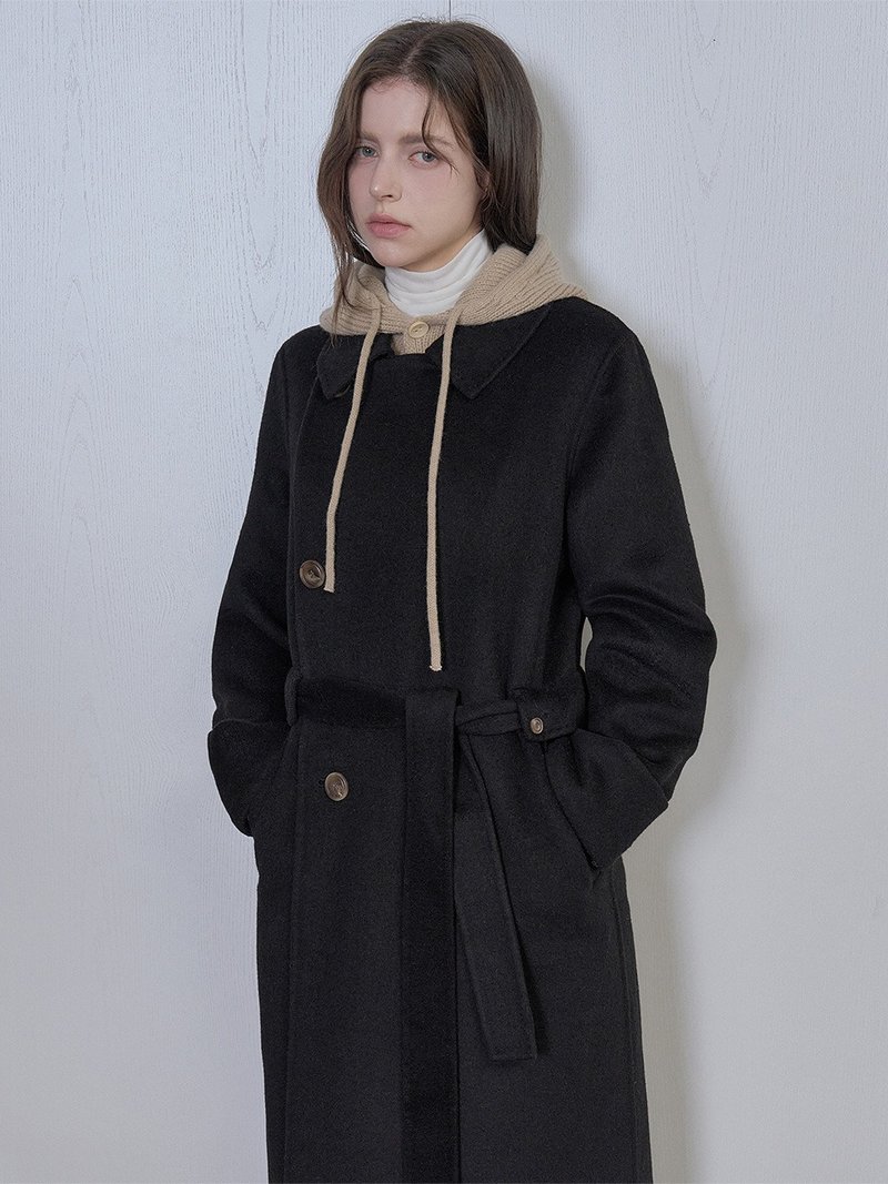 Wool Blend Belted Long Coat - Black/Beige - เสื้อแจ็คเก็ต - วัสดุอื่นๆ สีดำ