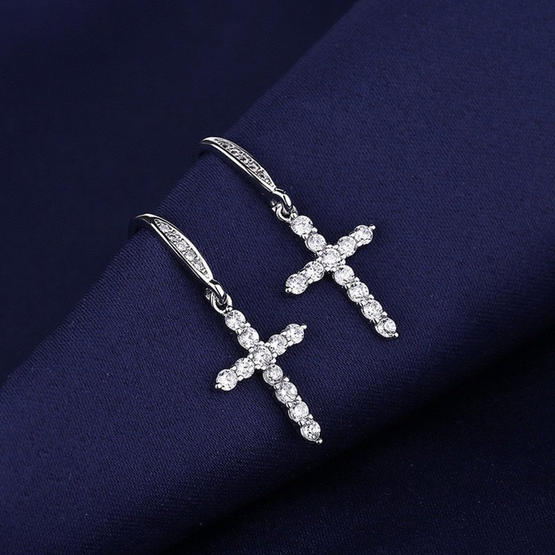 [SoLight Salt Blue] Micro-set diamond cross Stone earrings SL205 - ต่างหู - วัสดุอื่นๆ ขาว