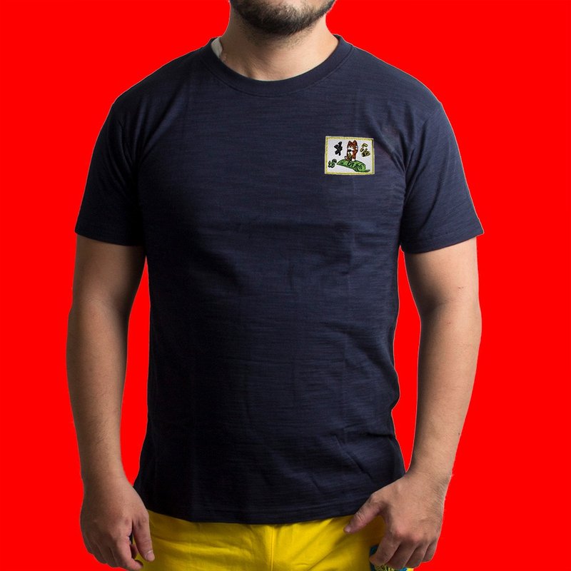 圓領T-布章-招財貓(丈青) - 男装 T 恤 - 棉．麻 藍色