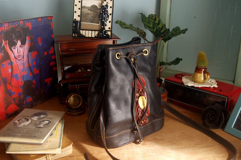 4.5studio-北欧古代アンティークバッグ - 織黒革のバケットバッグ - ショルダーバッグ - 革 ブラック