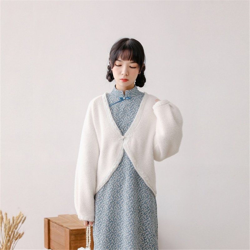 White soft waxy wool shawl jacket with cheongsam, new Chinese Mid-Autumn Festival and Spring Festival improved dress one-piece dress - Women's Casual & Functional Jackets - Polyester White