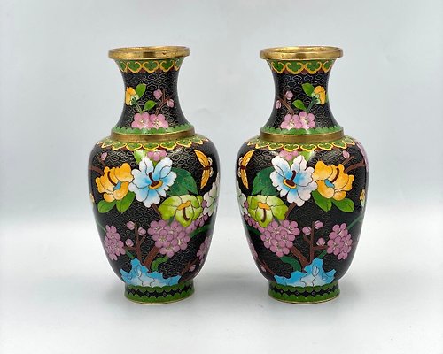 HappyDuckVintage 一對古董花瓶| 成對的中國花瓶景泰藍