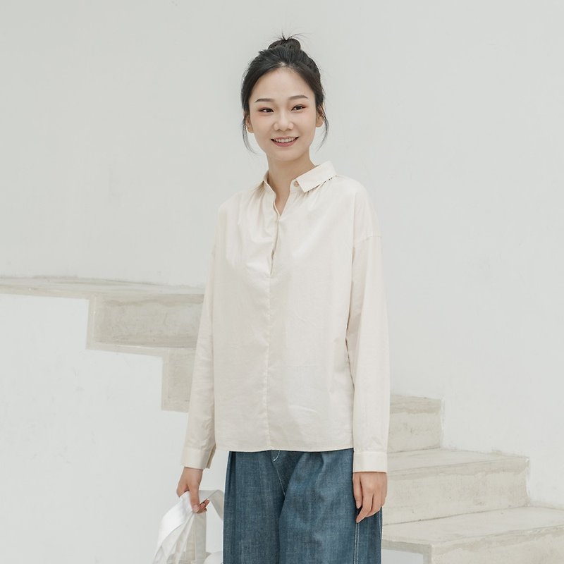 ผ้าฝ้าย/ผ้าลินิน เสื้อเชิ้ตผู้หญิง ขาว - BUFU retro cotton shirt apricot color SH180425