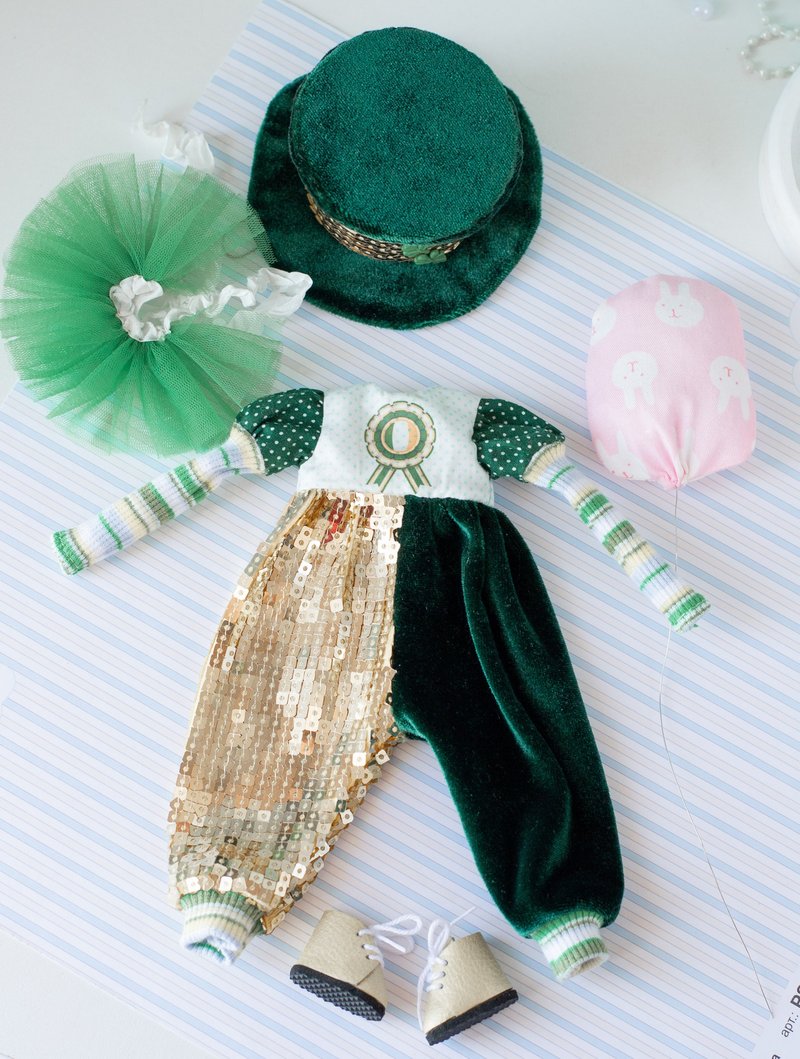 Overall jumpsuit blythe accessories outfit hat Shamrock St Patrick's Day - Stuffed Dolls & Figurines - Cotton & Hemp Green