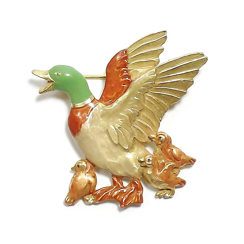 Ducks Family PB120 duck parent and child brooch - Brooches - Other Metals Green
