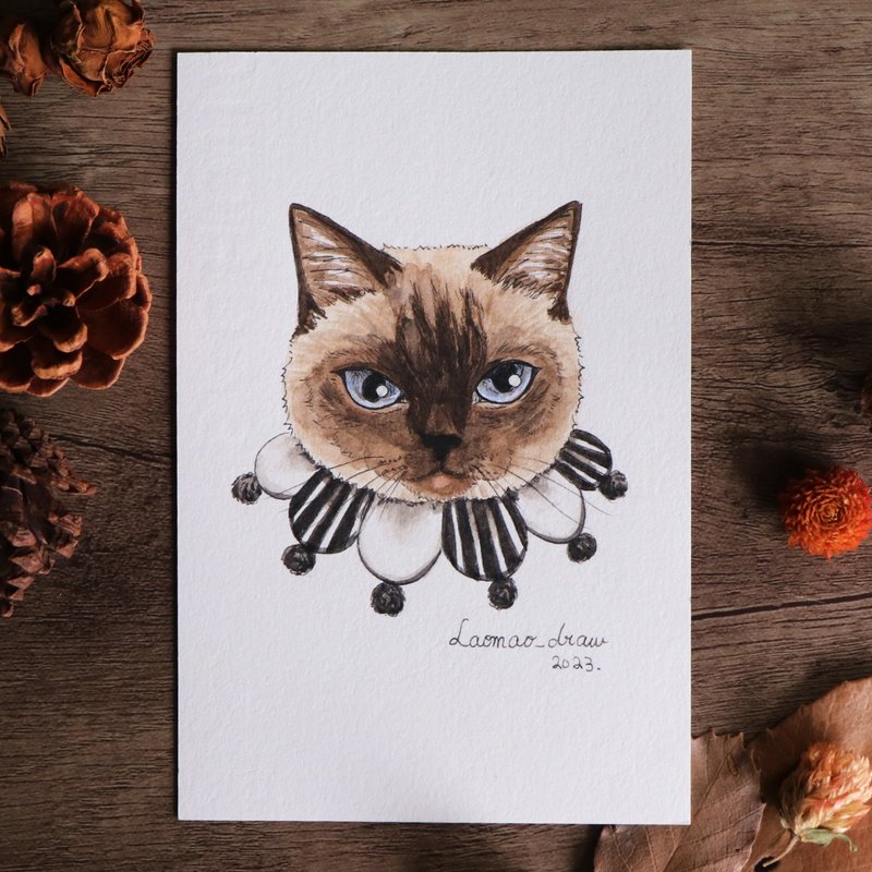 Watercolor illustration original cat head portrait 4X6 6 inches 3009 Siamese cat and clown collar - Posters - Paper 