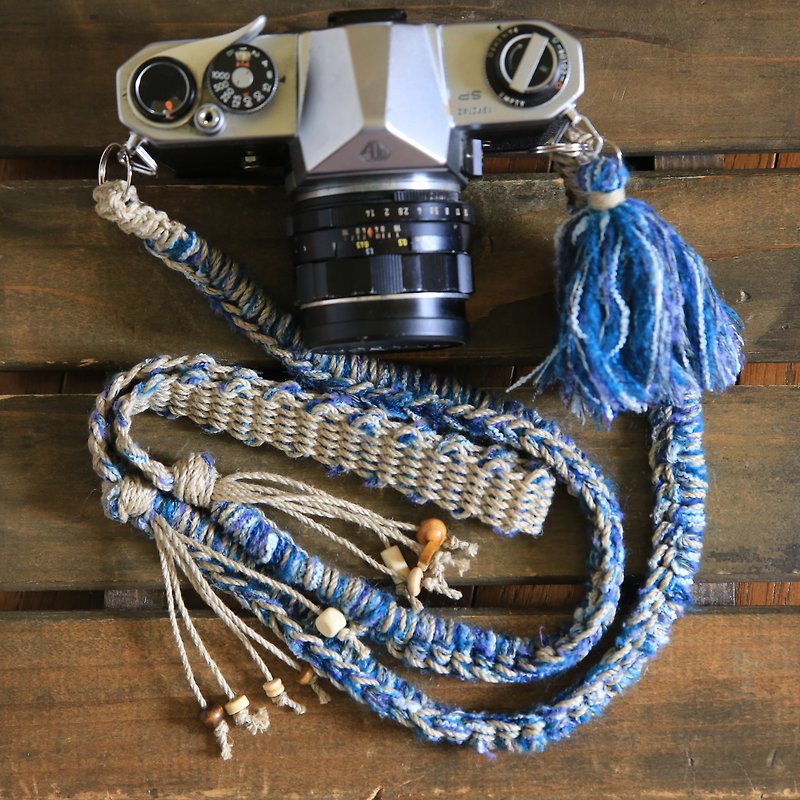 手紡ぎニットの麻紐カメラストラップ-blue/ベルト - 相機背帶 - 棉．麻 藍色