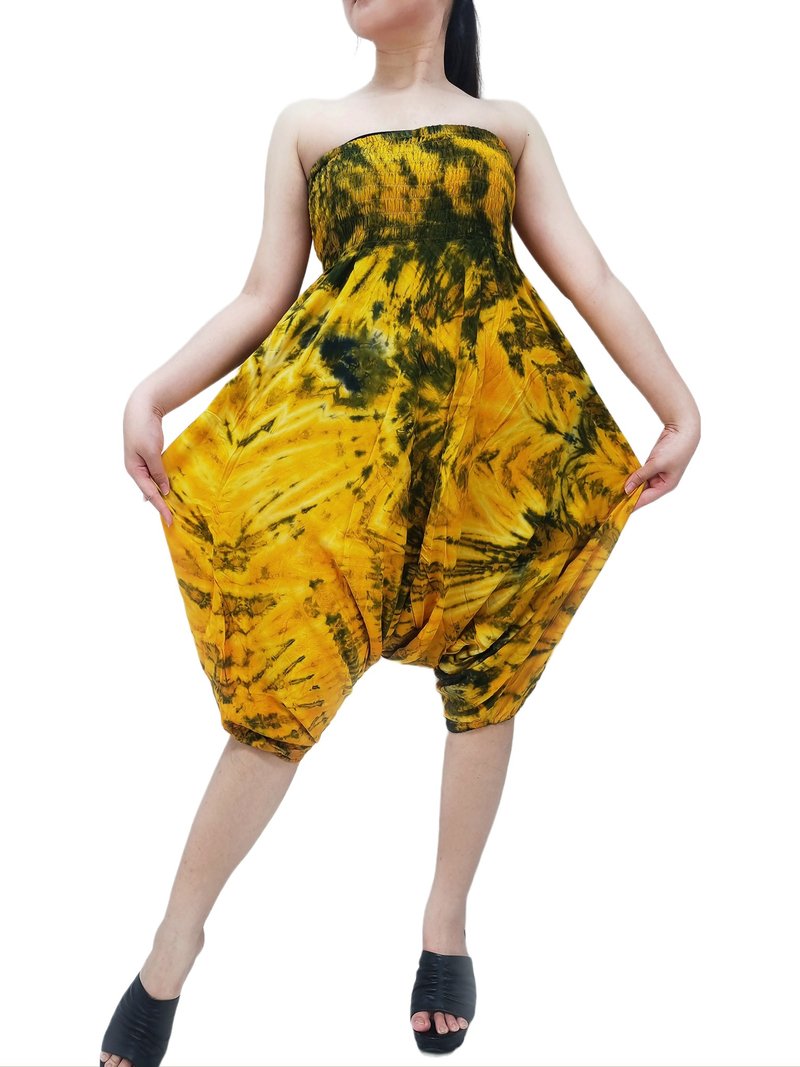 Tie dye Pants Harem Pants Jumpsuit Rayon Pants Drop Crotch Trouser Unisex - 男長褲/休閒褲 - 其他材質 黃色