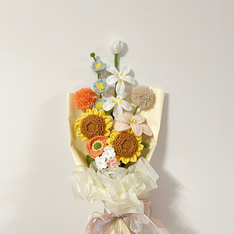 かぎ針編みのひまわりチューリップの花束 - ドライフラワー・ブーケ - コットン・麻 多色