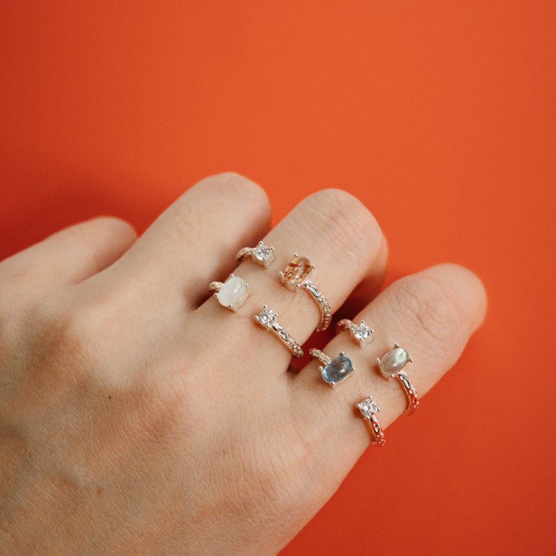 925純銀 爪鑲天然寶石開口戒 海藍寶 紅髮晶 月光石 灰月光 戒指 - 戒指 - 半寶石 多色