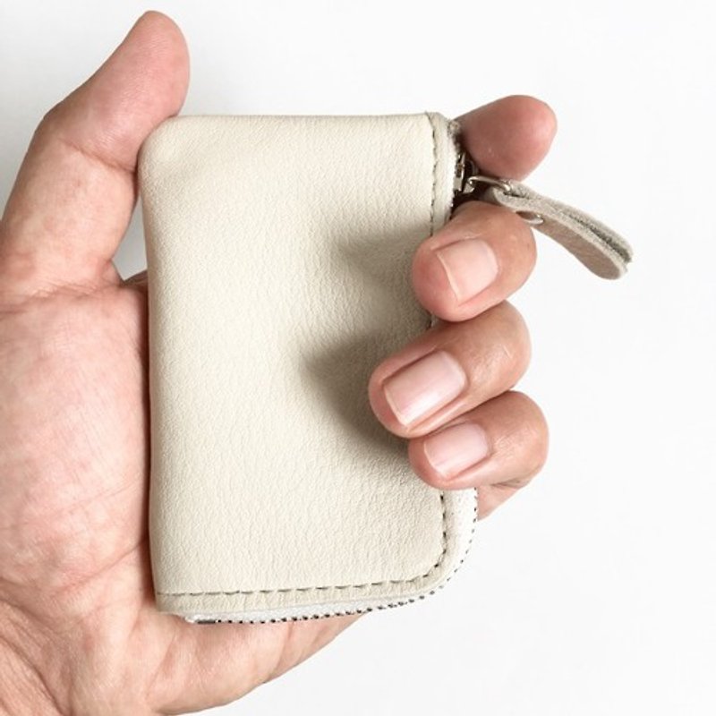 Minimal coin case of cow shrink leather and cow floor velor [off-white] - Coin Purses - Genuine Leather White