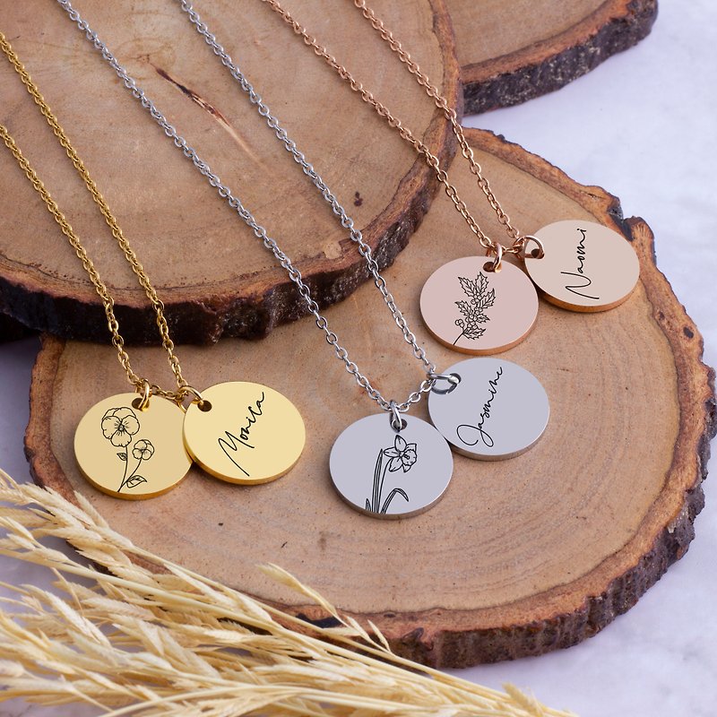 Custom Flower Necklace Birth Month Personalized Gifts Mom Birth Necklaces - 項鍊 - 其他金屬 銀色