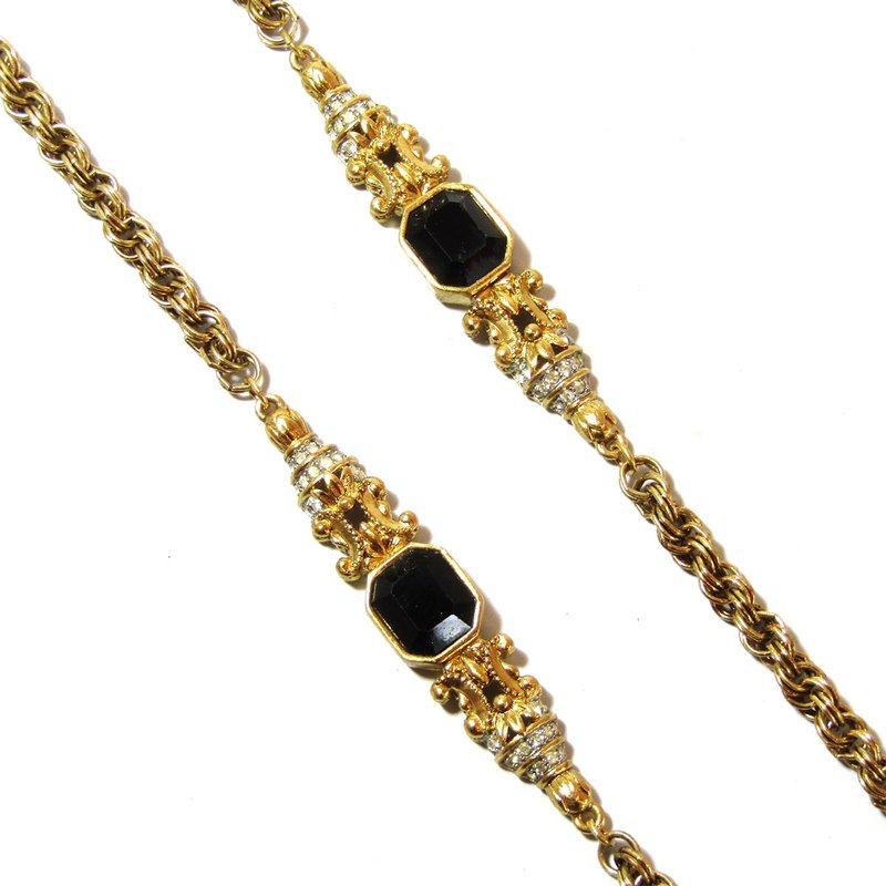 GIVENCHY vintage black and rhinestone design parts long necklace - สร้อยคอ - โลหะ สีทอง