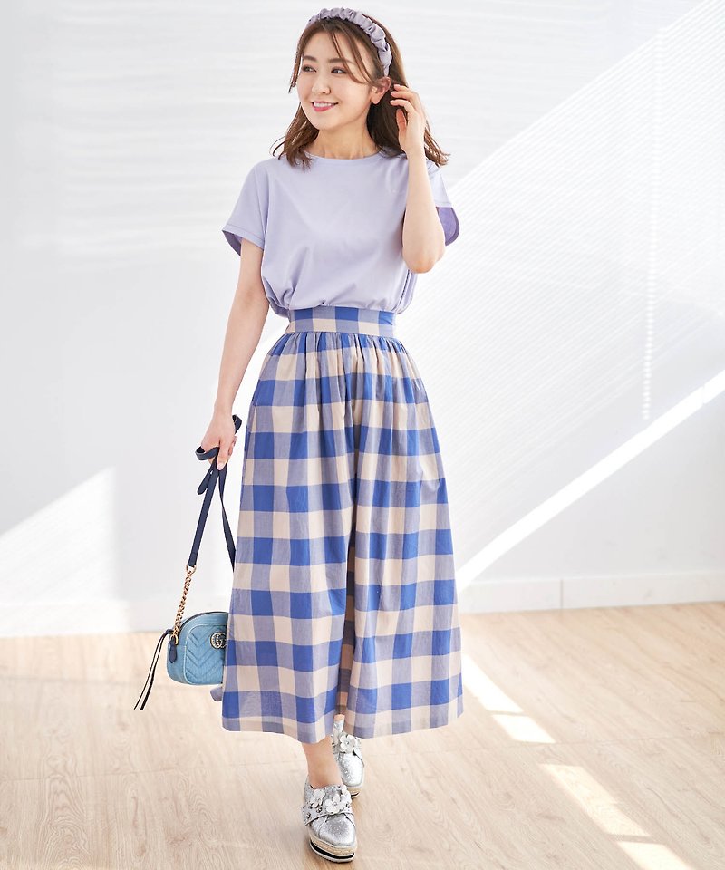 Skirt Made in Japan Cotton gather design Plaid / and Cherim - กระโปรง - ผ้าฝ้าย/ผ้าลินิน สีน้ำเงิน