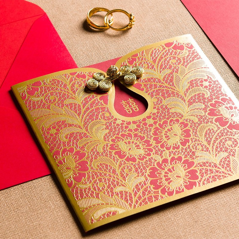ロイヤルウェディングドレス刺繍チャイナバックル（フォグゴールド/ブライトゴールド） - 招待状 - 紙 ゴールド