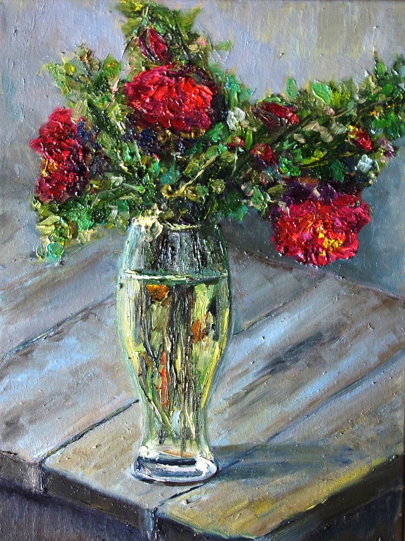 Roses Flowers Painting Oil Abstract Floral Original Art  Impasto Artwork - 掛牆畫/海報 - 顏料 多色