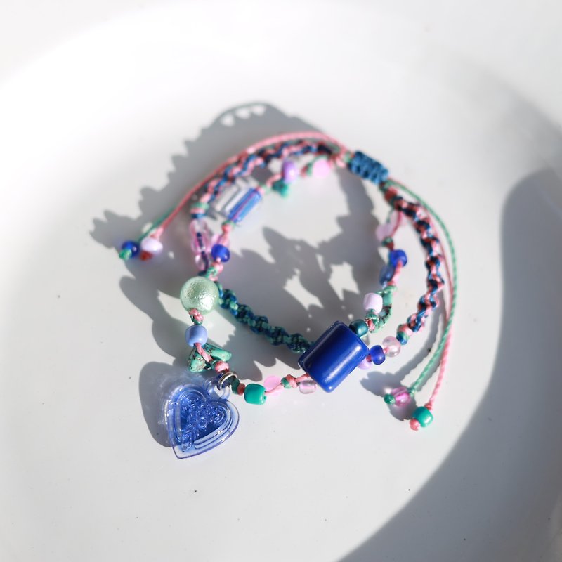 Blue heart bead woven waxed cord double layered bracelet - Bracelets - Thread Blue