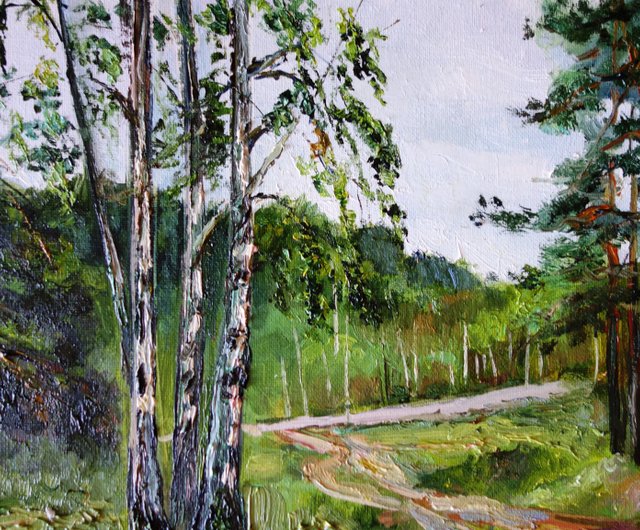白樺の木油絵オリジナルアートポプラの木アートワーク森林風景