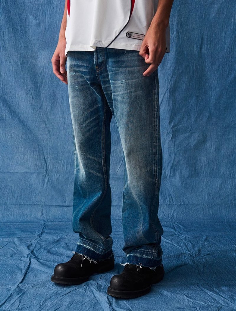 Japanese-made Japanese style vintage washed denim trousers - กางเกงขายาว - วัสดุอื่นๆ สีน้ำเงิน