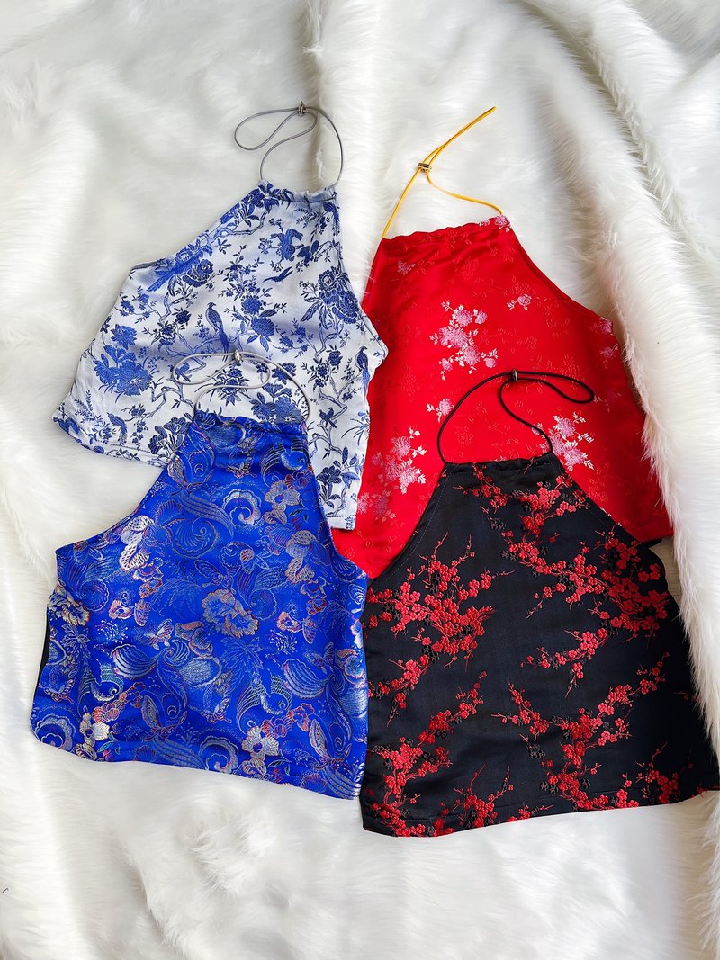 四色 真絲光澤刺繡旗袍布 抽繩露背削尖背心 Handmade 設計自製 - 背心/無袖上衣 - 絲．絹 多色